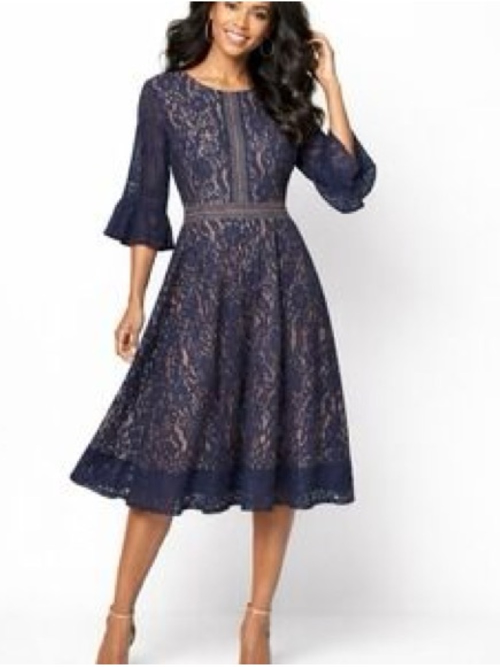Lace Fit-and-Flare Midi Dress in Navy